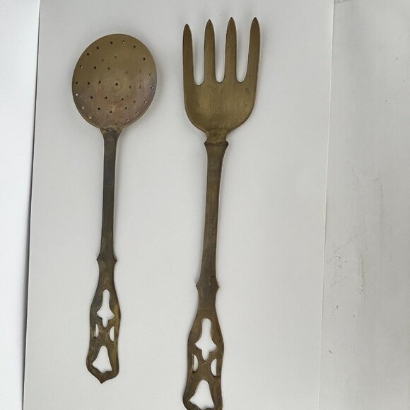 Italian Vintage Brass Hanging Fork and Strainer Spoon Cooking Utensils 16" Decor - Picture 2 of 14